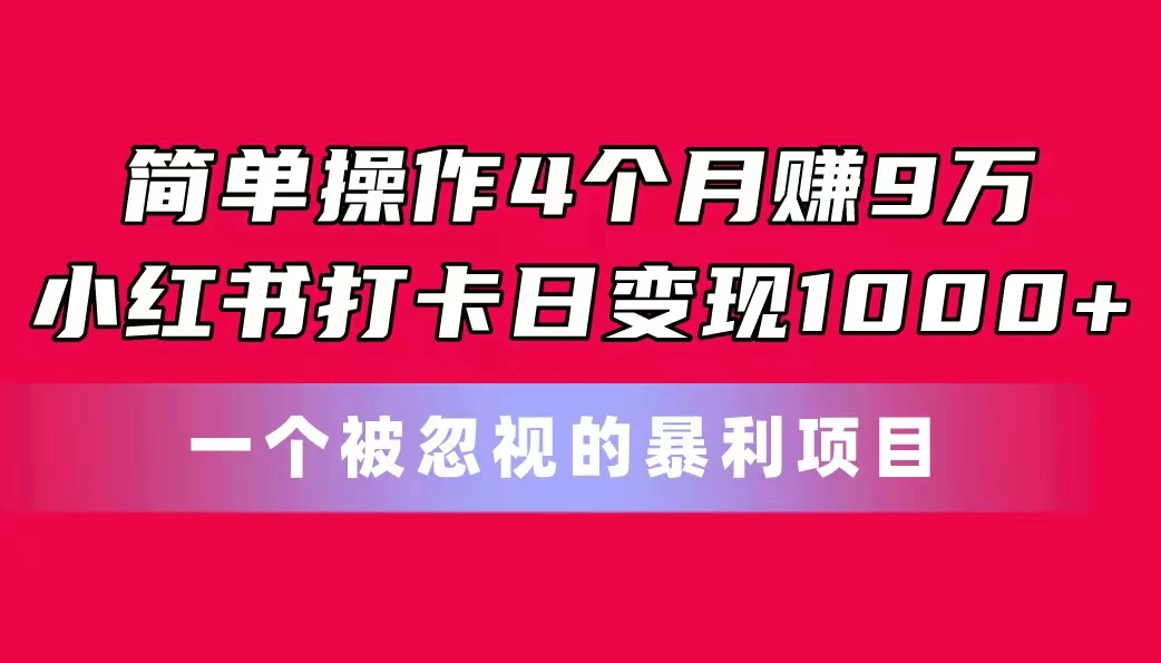 简单操作4个月赚9万！小红书打卡日变现1000+！一个被忽视的暴力项目