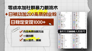 零成本加社群暴力截流术,日被动添加200+高质创业粉 ,日变现1000+,内…