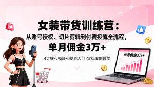女装带货特训营：从账号授权、切片剪辑到付费投流全流程，单月佣金3万+