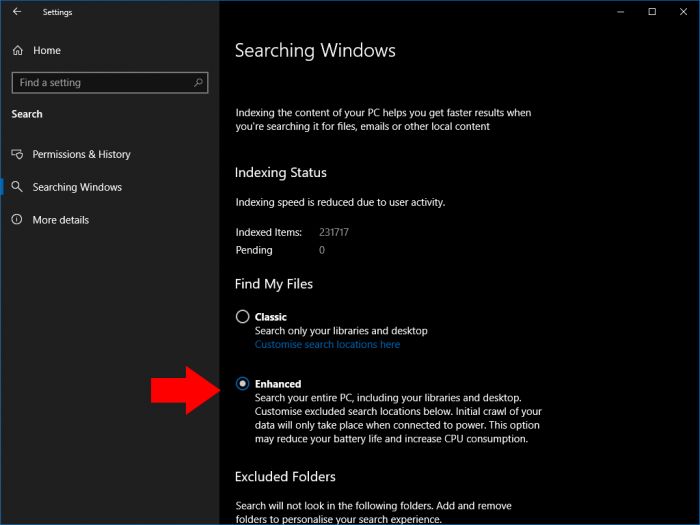 Windows 10 search indexing settings_Windows 10 May 2019 search enhanced mode_win10开始搜索用不了